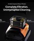Sora 30 Pool Vacuum Robot 4 In 1 Cleaner with 5L capacity debris basket and filtration system, vibrant orange design.