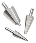 Three-piece Umbrella Drill Bit Set HSS 4241 for step drilling and cone chamfer cutting, 8mm and 10mm shanks, sizes 16-30.5mm, 5-20mm, 3-14mm