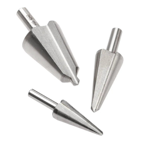 Three-piece Umbrella Drill Bit Set HSS 4241 for step drilling and cone chamfer cutting, 8mm and 10mm shanks, sizes 16-30.5mm, 5-20mm, 3-14mm