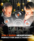 Upgraded Bluetooth Hearing Protection Headphones With AM FM Radio, 31 SNR Noise Reduction, 50 Hour Battery Life For Mowing, Snowblowing And Yard Work, Long Lasting Rechargeable Battery, Orange displayed with two people observing.