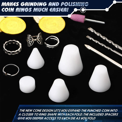 Five Piece Coin Ring Making Tools Folding Cone Set Including One Quarter Inch One Half Inch Five Eighths Inch And Three Fourths Inch Dies With Spacer Disc For Deep Mold Casting And Precise Hole Expansion In Jewelry Making Gear Must Have.
