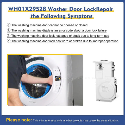 Person demonstrating WH01X29528 Washer Door Lock Replacement Fits Whirlpool Maytag GE Appliances repair symptoms on a washing machine.