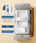 Two Pack Dimmer Light Switches Featuring Quiet Smooth Glide Slider And No Sweat Flicker Free Minimum Brightness Control With No Neutral Wire Required For Breezy Single Pole Or Three Way Install showing adjustment and rockers.