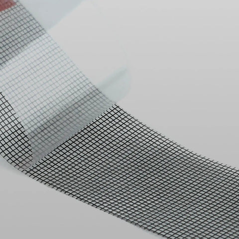 Heavy Duty Window Screen Repair Tape And Mesh Patch Kit 2 Inches By 16 Feet Long showing black adhesive mesh with grid pattern.