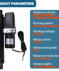 Side view of JEENDA 12V hydraulic electric linear actuator with 12in stroke, black metal housing and wiring