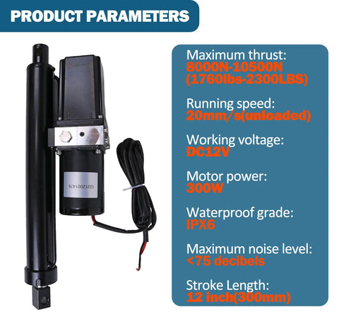 Side view of JEENDA 12V hydraulic electric linear actuator with 12in stroke, black metal housing and wiring