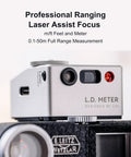 LD Light Meter Pro For Vintage Cameras And Film Photography With One Tap Exposure And Distance Calculator, Ultra Narrow 7 Degree Spot Meter, Built In Laser Rangefinder, Pocket Size All In One Meter For Fast Accurate Shots On The Go No Guesswork. Silver metal light meter on vintage camera