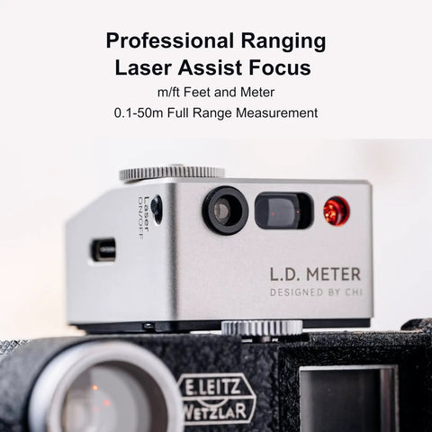 LD Light Meter Pro For Vintage Cameras And Film Photography With One Tap Exposure And Distance Calculator, Ultra Narrow 7 Degree Spot Meter, Built In Laser Rangefinder, Pocket Size All In One Meter For Fast Accurate Shots On The Go No Guesswork. Silver metal light meter on vintage camera