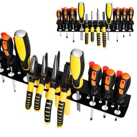 Heavy Duty Wall Mounted Tool Organizer Rack for Garage and Shop Space Saving Storage for Screwdrivers, Pliers, Hammers and Hand Tools Rust Resistant Carbon Steel with Powder Coated Finish 15.75 Inch Wide