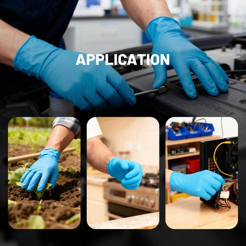 Heavy Duty 6 Mil Blue Nitrile Work Gloves With Rock Solid Textured Grip For Mechanics And Auto Shops, Powder Latex Free Tear Resistant Daily Grind Hand Armor, 100 Pack Xx Large being used in automotive, gardening and electronics work.