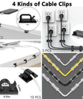 Ultimate Cable Management Kit For Desk And TV Setup with 4 kinds of cable clips securing wires to desk and wall surfaces.
