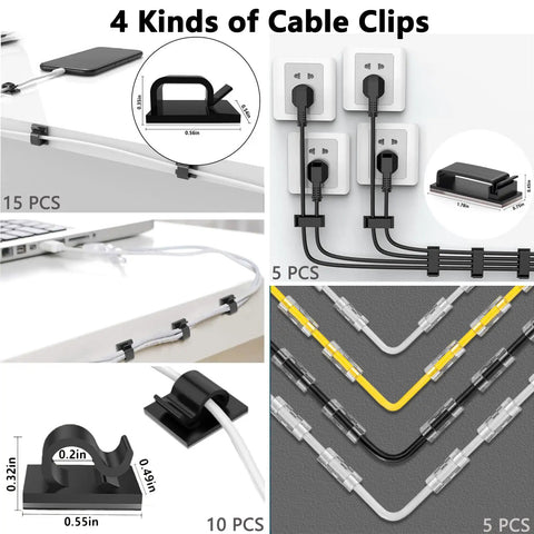 Ultimate Cable Management Kit For Desk And TV Setup with 4 kinds of cable clips securing wires to desk and wall surfaces.