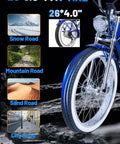 Adult Electric Bike With 750W Motor And 960Wh Battery Rolling Smooth Up To 30Mph Featuring 26 Inch Fat Tires showing 26*4.0 tire on rocky terrain.