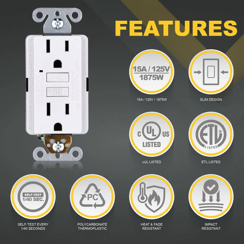 15 Amp GFCI Outlets 3 Pack with LED Indicator and Self Test features, including ETL Listed 125V 1875W, UL compliant white design.