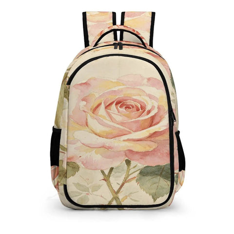 Front view of Dope Botanical Rose Sprig Printed Unisex Backpack With Large Capacity For School Travel And Everyday Use Durable Polyester