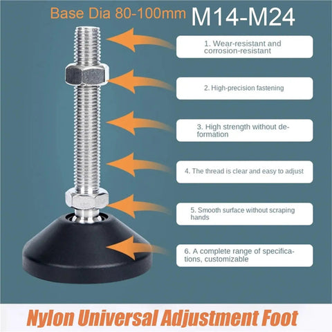 Beefy Adjustable Lathe Leveling Feet With Rock Solid Swivel Base And Articulating Legs M14 Thru M24 Threads Accommodating 80mm And 100mm Diameters image highlighting features.