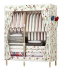 Gotta Love This Portable Canvas Wardrobe Folding Storage Organizer With Steel Rod Breathable Fabric Clothes Closet featuring floral design with hanging clothes and folded linens.