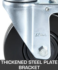 Close-up of thickened steel plate bracket on 4 Pack 5 Inch Scaffolding Wheels With 1 Inch Solid Stem Rubber Caster Wheels Dual Locking Heavy Duty Casters 330 Lbs Capacity 360 Degree Swivel Top Plate Non Marking Quiet Rolling For Scaffolding.