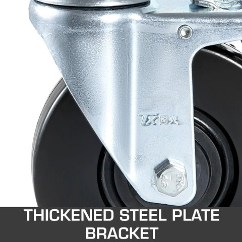 Close-up of thickened steel plate bracket on 4 Pack 5 Inch Scaffolding Wheels With 1 Inch Solid Stem Rubber Caster Wheels Dual Locking Heavy Duty Casters 330 Lbs Capacity 360 Degree Swivel Top Plate Non Marking Quiet Rolling For Scaffolding.