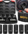 Weighted Half Inch Drive Harmonic Balancer Socket Set With 17Mm 19Mm 21Mm 22Mm 24Mm 27Mm Deep Impact Sockets shown with case