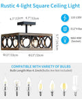 Dimensions and features of modern 4-light square chandelier with adjustable pole and vintage wood grain finish for various ceilings.