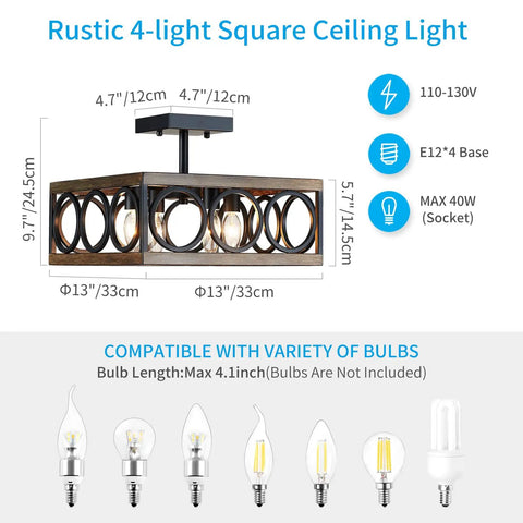 Dimensions and features of modern 4-light square chandelier with adjustable pole and vintage wood grain finish for various ceilings.