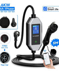 Portable 3600W EV Charger With Slick App Control Type 1 And Type 2 EVSE Cable Single Phase 16 Amp with 5m cord and display.