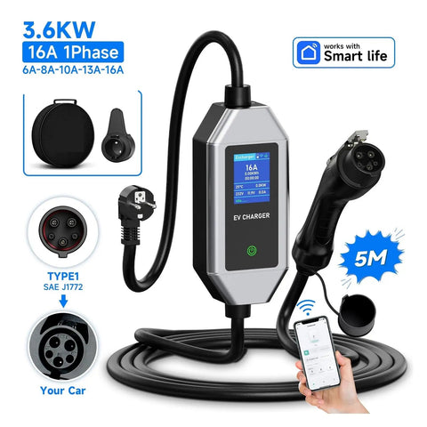 Portable 3600W EV Charger With Slick App Control Type 1 And Type 2 EVSE Cable Single Phase 16 Amp with 5m cord and display.