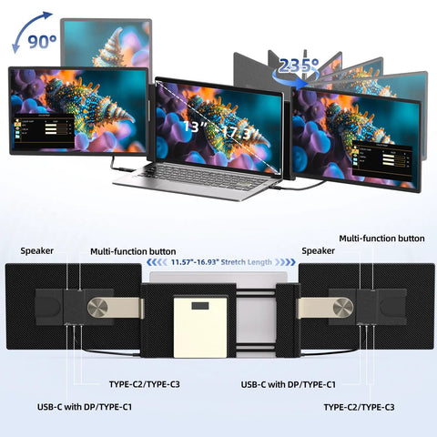 Laptop Screen Extender 16 Inch 2.5K Portable Triple Monitor 2560x1600 QHD IPS Display setup with adjustable screens on laptop