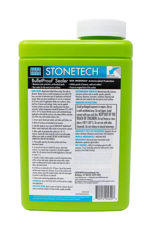 Back of Bulletproof Sealer For Stone And Grout Extra Strength Interior Stain Protector Water Based Fluoropolymer Formula 1 Quart Bottle