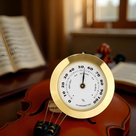 38mm Round Glass Analog Hygrometer With Probe For Humidors Guitars And Violins Mini Humidity Meter Must Have For Accurate Readings And Moisture Monitoring Of Instruments And Other Moisture Sensitive Gear, gold dial on violin
