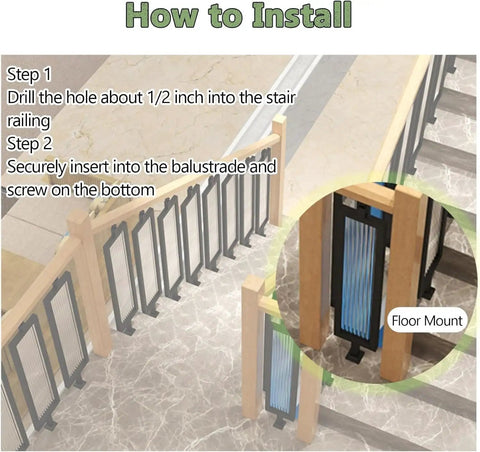 Installation guide for Rock Solid Black Iron Stair Spindles Featuring Tempered Glass Balusters with floor mount details.