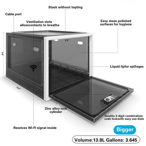 Diagram of large capacity medication lock box with code lock showing features like ventilation slots, zinc alloy lock, and dimensions.