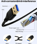 Long 10 Foot USB A To USB A Cable For External Hard Drives And PC Gear With Gold Plated Connectors, Plug And Play USB 2.0 Wide Compatibility With WD Drives And Other USB A Devices, High Speed Data Transfer For Quick Backups. Close-up of USB A cable with gold connector, PVC jacket, aluminum shielding, and copper core.