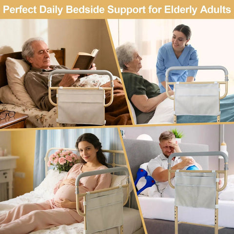Heavy Duty Bed Rail For Seniors With Non Slip Ergonomic Handle And Handy Storage Pocket in use by elderly and post-surgery patients