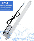 16-inch 12V linear actuator with mounting bracket, IP54 protection, black wires, side view.