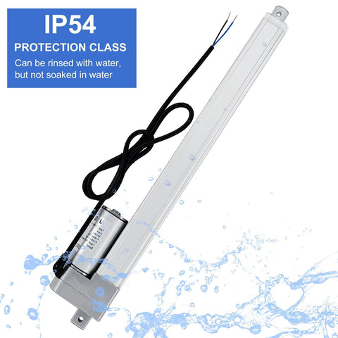 16-inch 12V linear actuator with mounting bracket, IP54 protection, black wires, side view.