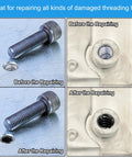 PATIKIL three-piece carbon steel threaded repair inserts, M8x1.25 female to M10x1.5 male, 20mm reducer, shown in before/after repair collage