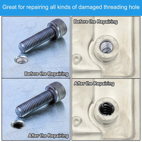 PATIKIL three-piece carbon steel threaded repair inserts, M8x1.25 female to M10x1.5 male, 20mm reducer, shown in before/after repair collage