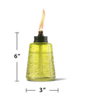 Set Of 3 Molded Glass Tabletop Torches In Key Lime Green, 6-inch height, flame lit, outdoor lawn, patio and garden lighting