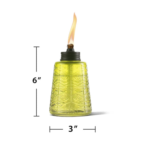 Set Of 3 Molded Glass Tabletop Torches In Key Lime Green, 6-inch height, flame lit, outdoor lawn, patio and garden lighting