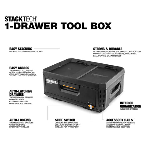 StackTech 1 Drawer Tool Box With Auto Latching Drawers, 50 lb capacity, stackable tool storage chest, shown with labels and features.