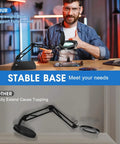 Man demonstrating 15X HD Magnifying Glass With Light For Crafts And Reading, Adjustable Swing Arm Desk Lamp on stable base.