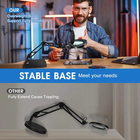 Man demonstrating 15X HD Magnifying Glass With Light For Crafts And Reading, Adjustable Swing Arm Desk Lamp on stable base.