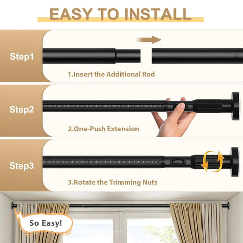 Steps for installing Heavy Duty Tension Curtain Rod No Drilling Adjustable From 41 To 126 Inches 1.26 Inch Diameter