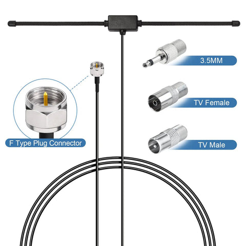Indoor FM Dipole Antenna For Stereo Receivers And Home Theater Systems, 75 Ohm Unbalanced With Universal Connector, Adhesive Mount