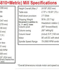 Specifications for Metric NexGen 18 Inch Milling Machine With Factory Installed DRO Package A shows spindle speed and weight details.