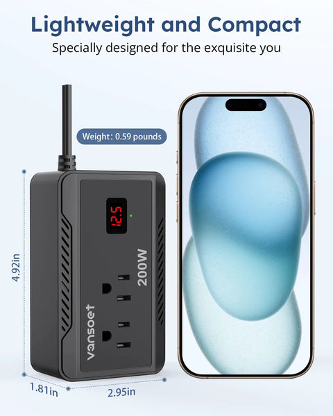 High Performance Car Power Inverter Converts DC 12V To AC 110V With Dual USB Ports And Voltage Display, compact design with LCD.