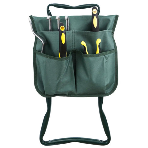 Foldable Garden Kneeler Bench Stool with soft cushion seat pad, tool pouch and durable steel frame, viewed from the front