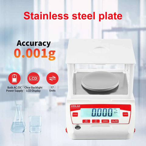 Analytical Balance 100g x 0.001g Precision Lab Scale With RS232 LCD Display Windshield in chemistry lab setting